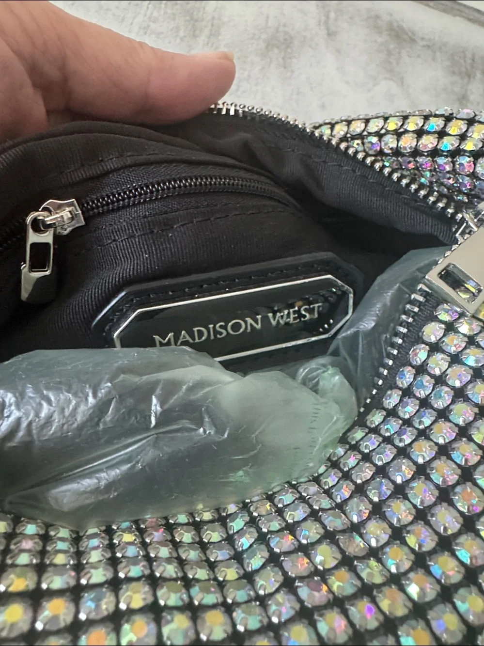 Madison West Knotted Aurora Boraelis Rhinestone Dumpling Evening Handbag